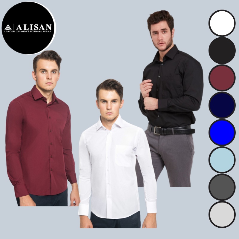 Kemeja Alisan Slimfit Formal  Baju Kantor Tangan Lengan Panjang Putih Hitam Biru Muda Tua Navy Maroon Merah Hati Abu Abu Muda Tua  Polos Size S M L XL 14.5 15 15.5 16 100% Original Brand