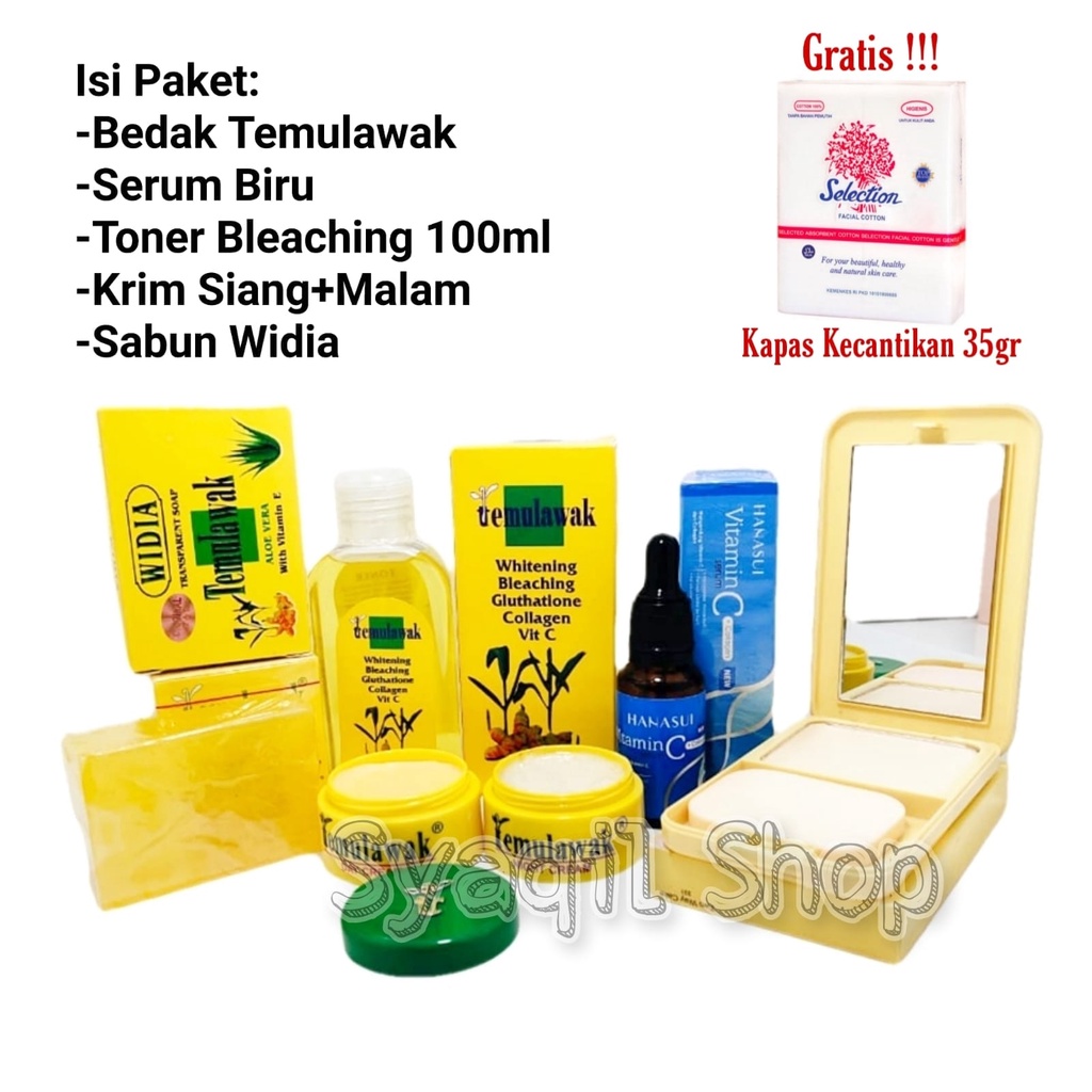 Paket Kecantikan Temulawak 5in1 FREE Kapas-Sabun Cuci Muka+Bedak+Krim Siang Malam+Serum Vitamin C Co