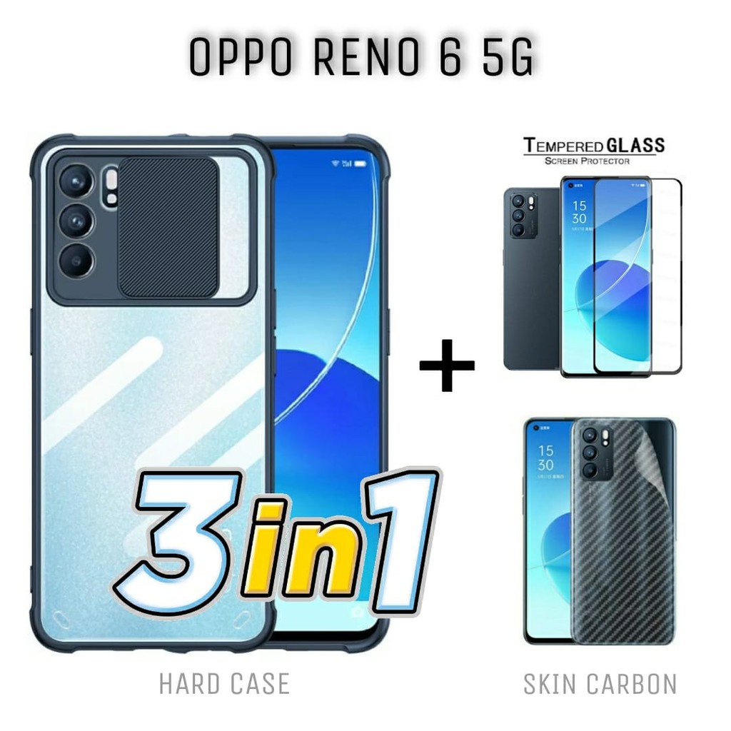 Paket 3IN1 Case OPPO RENO 6 5G Hardcase Fusion Sliding Free Tempered Glass Clear dan Skin Carbon