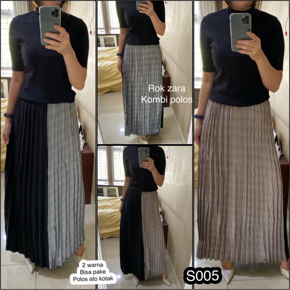 Rok Zara Plisket Kombinasi Polos