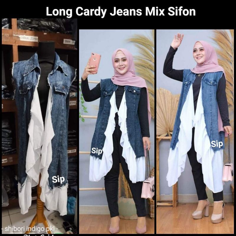 Outer Long Cardy Jeans Mix Sifon Modis Kekinian Viral / Cardi Jeans Kombinasi Chiffon
