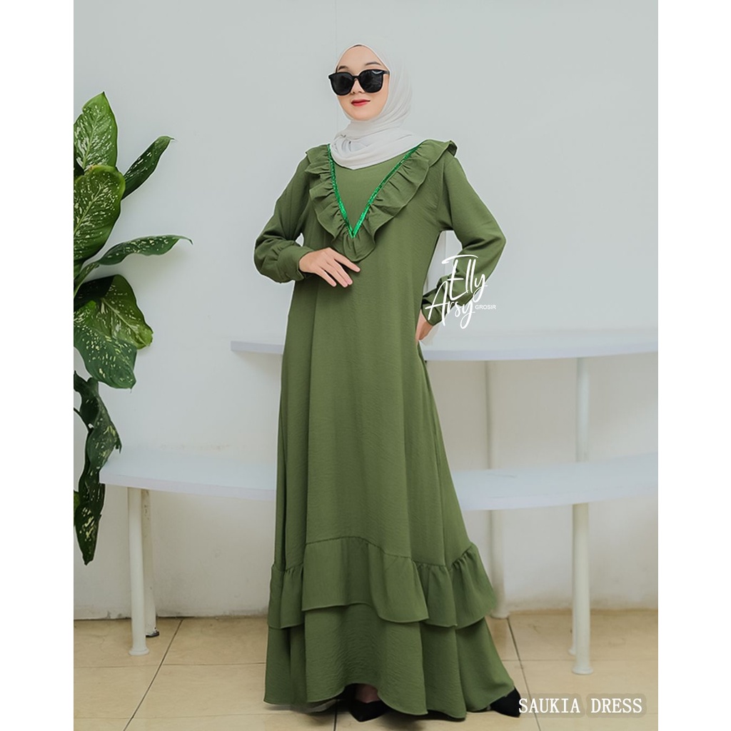 DRESS SAUKIA CRINGKEL by elyarsy original dress syari baju lebaran terbaru muslim busana muslimah wanita modern busui bumil