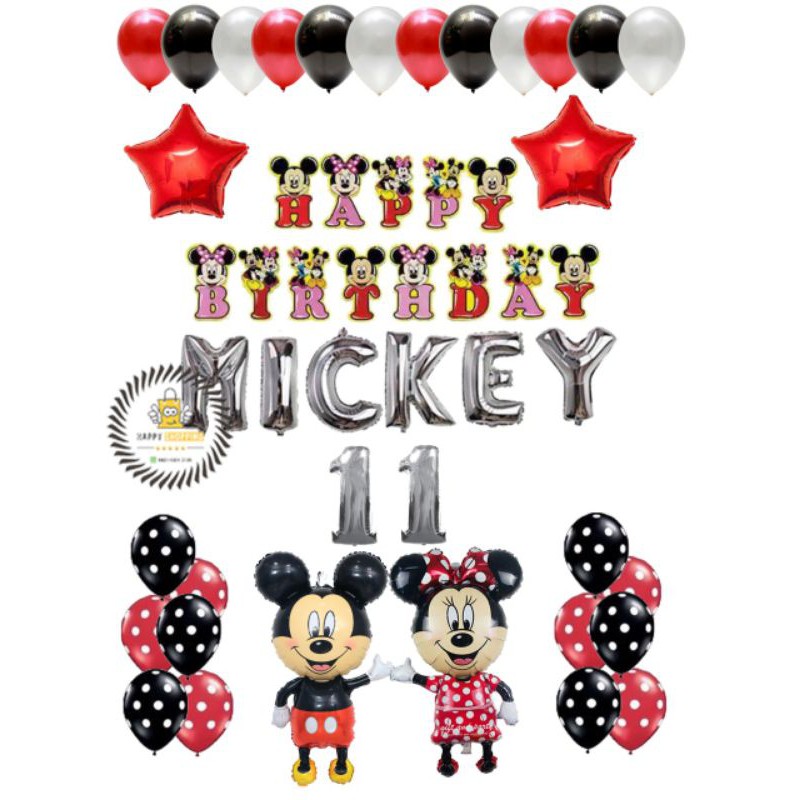 PAKET DEKORASI HAPPY BIRTHDAY SET BANNER BENTUK MICKEY MOUSE FREE LEM BALON