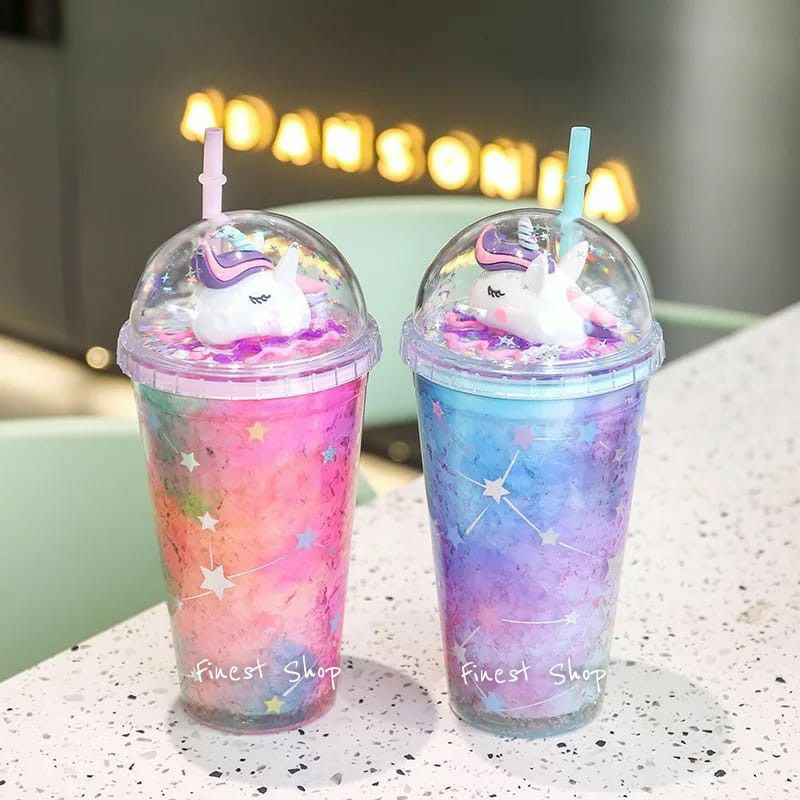 Tumbler Unicorn Mermaid Frosty Rainbow Botol Minum Hologram Lampu Shimmer Galaxy Glitter Star Sedotan Kado Ultah Gelas Boba Bubble Sparkling Hadiah Birthday Gift