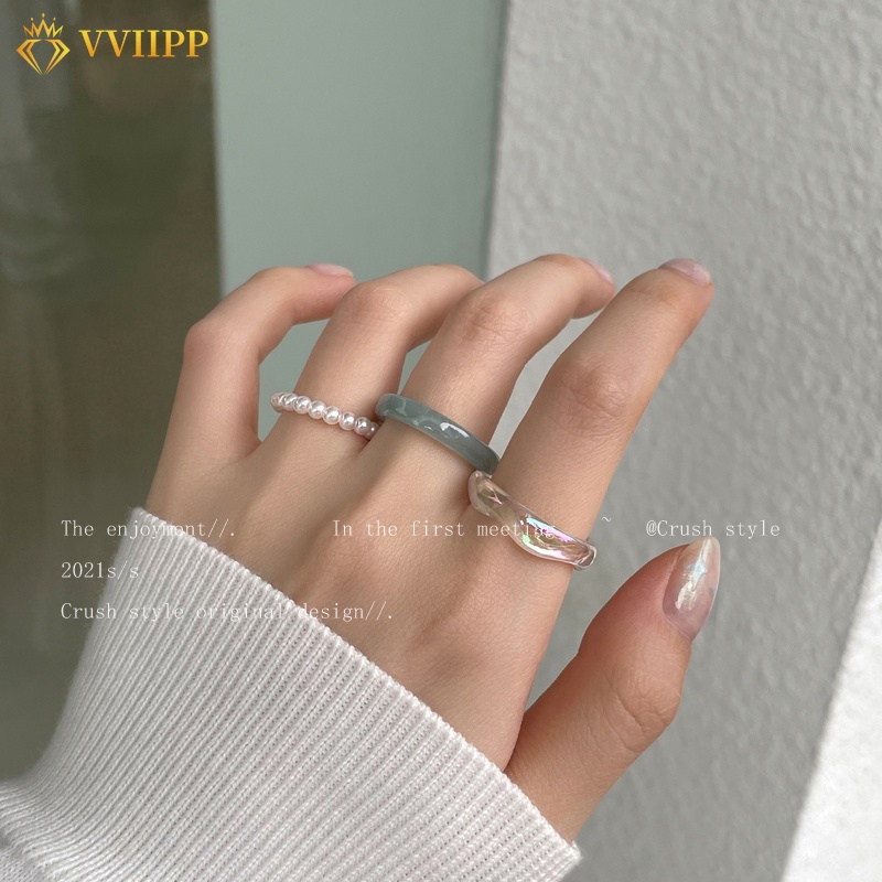 3pcs / Set Cincin Mutiara Bahan Resin Gaya Elegan Untuk Wanita