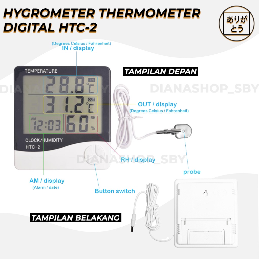 HTC-2 HYGROMETER TERMOMETER  ALAT UKUR SUHU TEMPERATUR RUANGAN FREEZER CLOCK