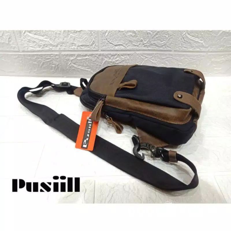 PUSIILL - Tas Salempang Pria Kulit Keren | Simple Sling Bag Selempang Premium | Hitam - Coklat