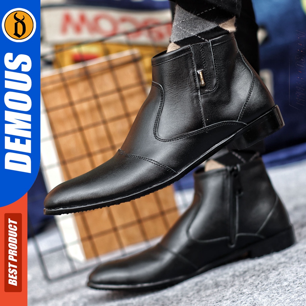 Sepatu Pantofel Pria Sepatu Formal Pria Kulit Asli Zipper Sepatu Pantopel Hitam Kerja Kantor DEMOUS FOX