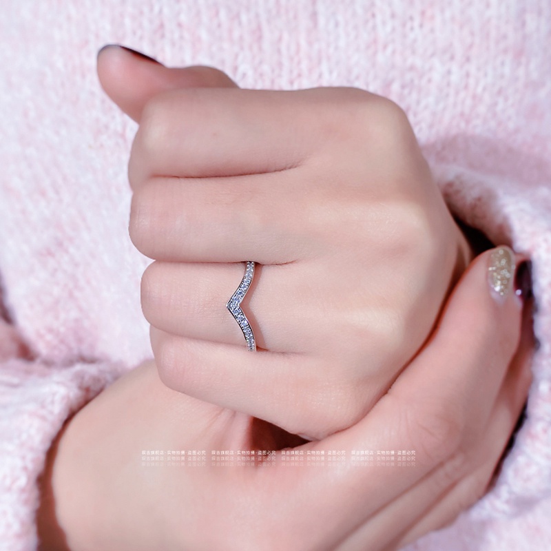 Cincin S925 Silver Bentuk V Aksen Berlian Gaya Korea Untuk Wanita