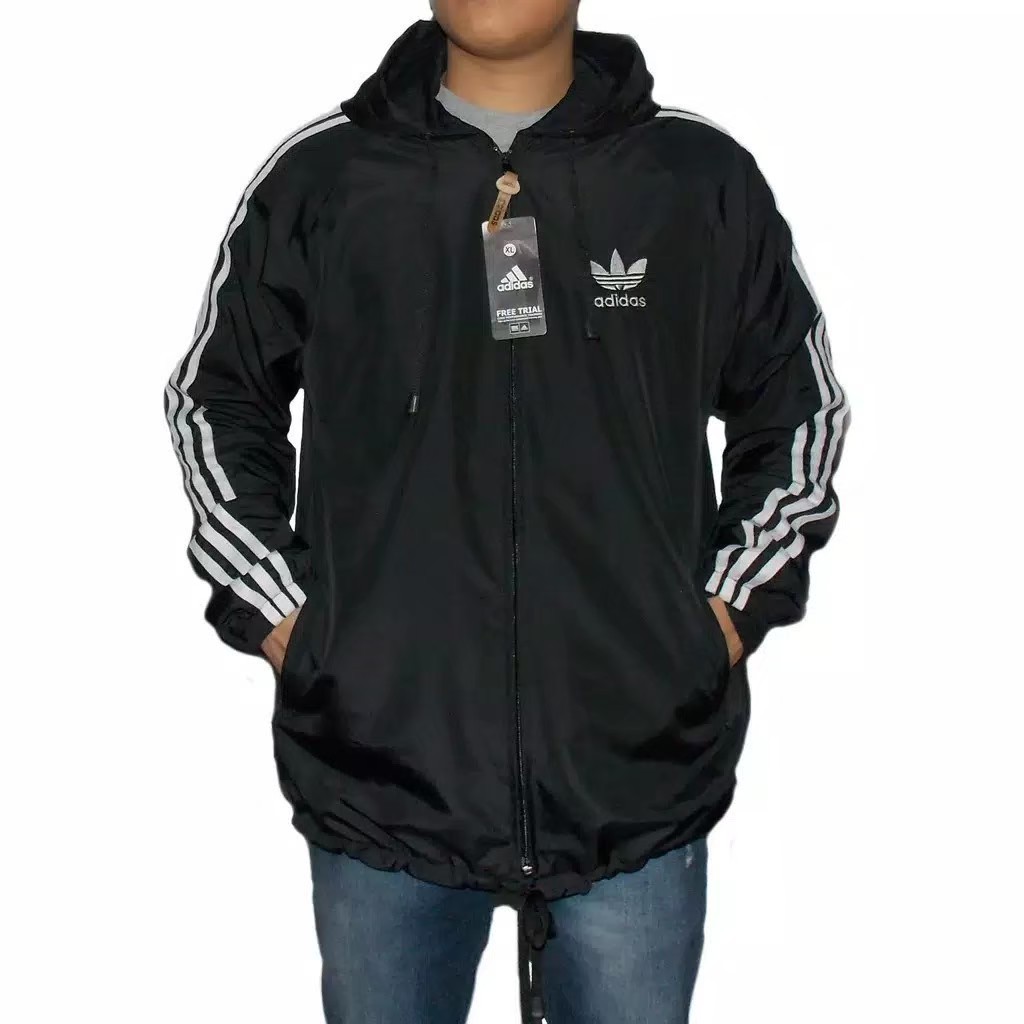 JAKET PARASUT ADIDAS WINDBREAKER LIST PUTIH - JAKET PARASUT JUMBO - JAKET OLAH RAGA