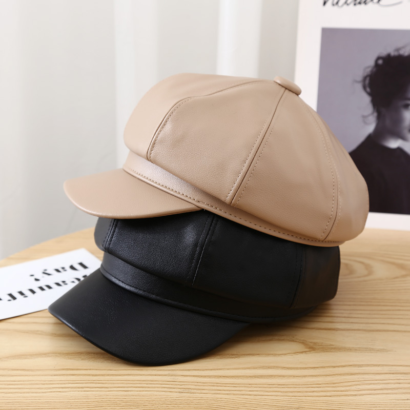 Topi Baret Bentuk Octagonal Bahan Kulit Pu Gaya Retro Korea