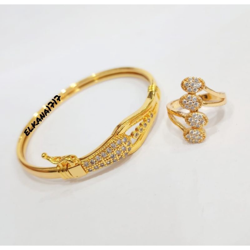 Gelang Bangkok+Cincin permata oval full zircon termurah berkualitas lapis emas 18k Perhiasan anti karat