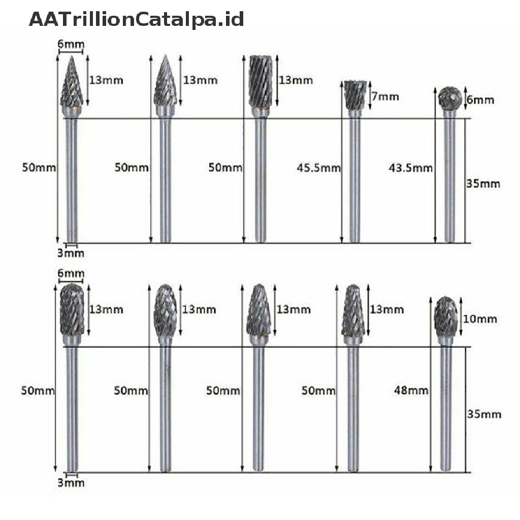 10 Pcs Kepala Pemotong Penggilingan Rotary File Polishing Bahan Tungsten Carbide Ukuran 3x6mm