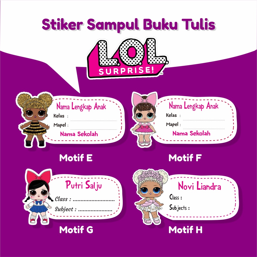 Jual Stiker nama custom sampul buku Tulis/pelajaran Tema LOL! Surprise