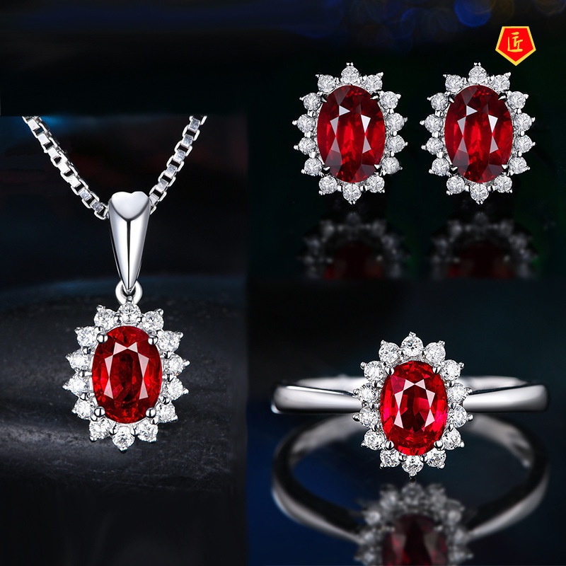 [Ready Stock]Full Diamond Sapphire Necklace Earring Ring Set