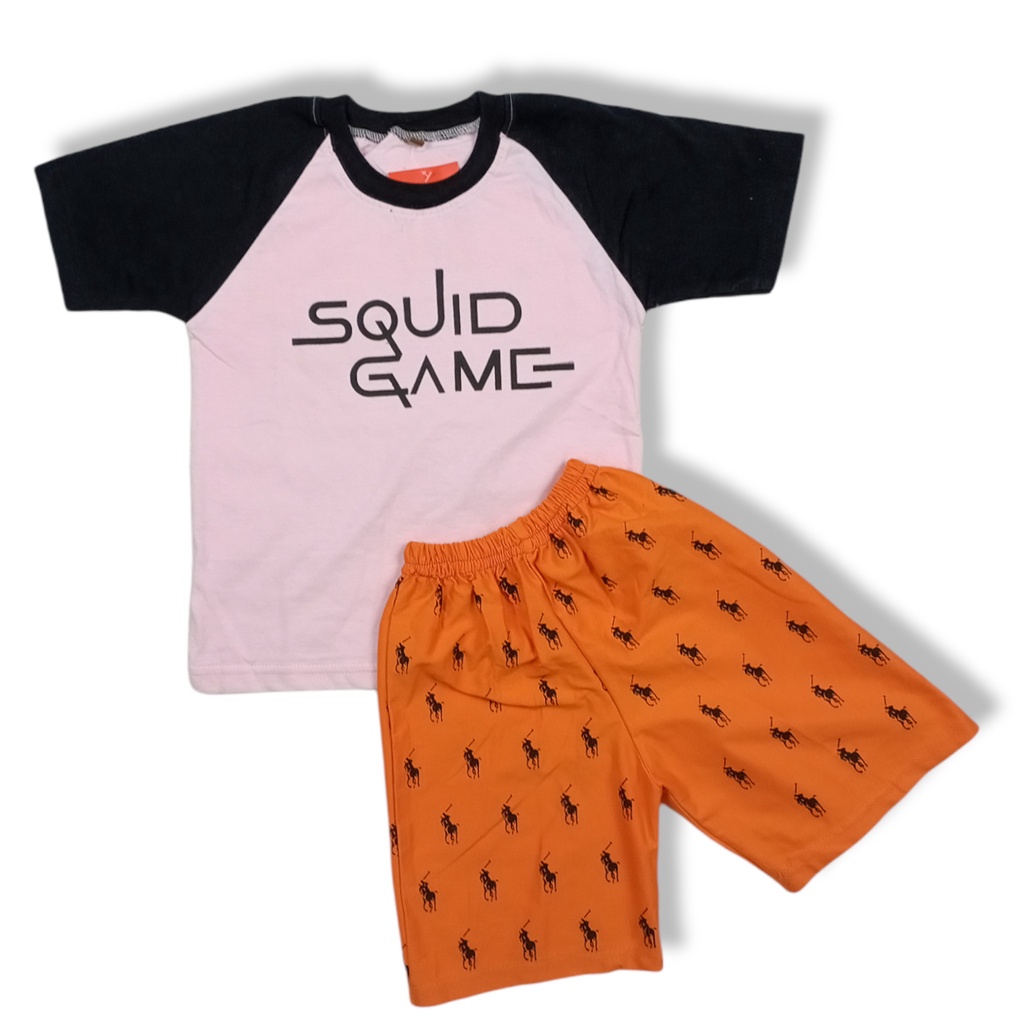 stelan kaos anak laki laki setelan anak cowok baju kaos distro anak laki laki cowo cewek usia 1 2 3 4 5 6 7 8 tahun setelan kaos reglan raglan anak Squid Game