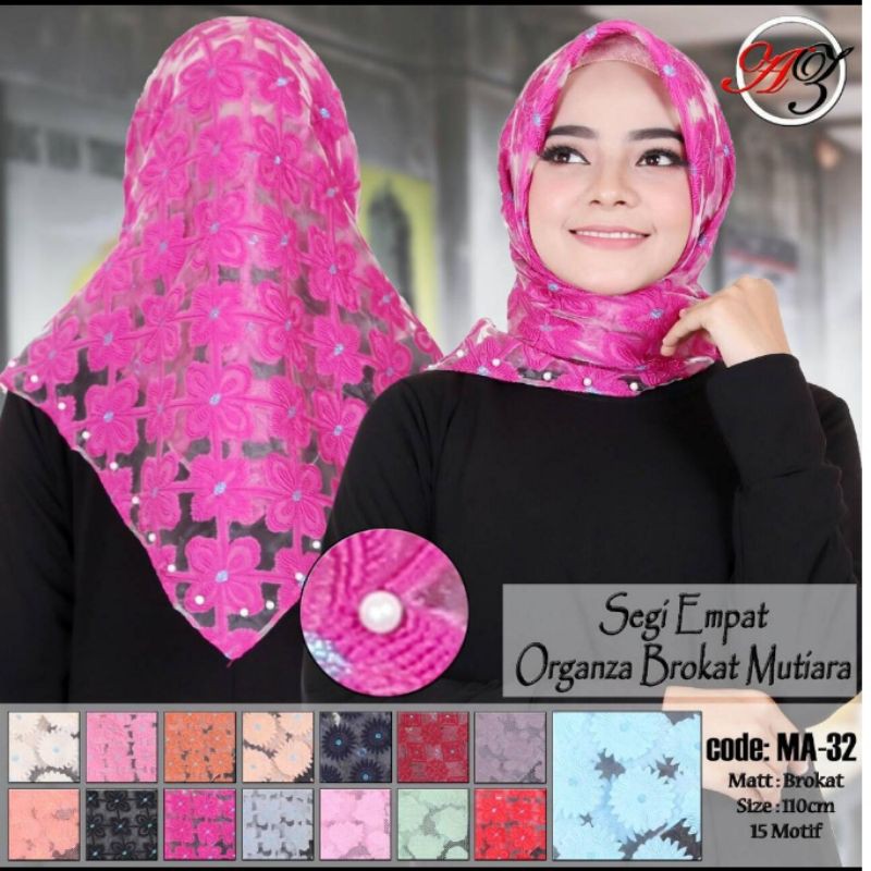 Jilbab Segiempat Organza Brokat Mutiara Mewah Cantik