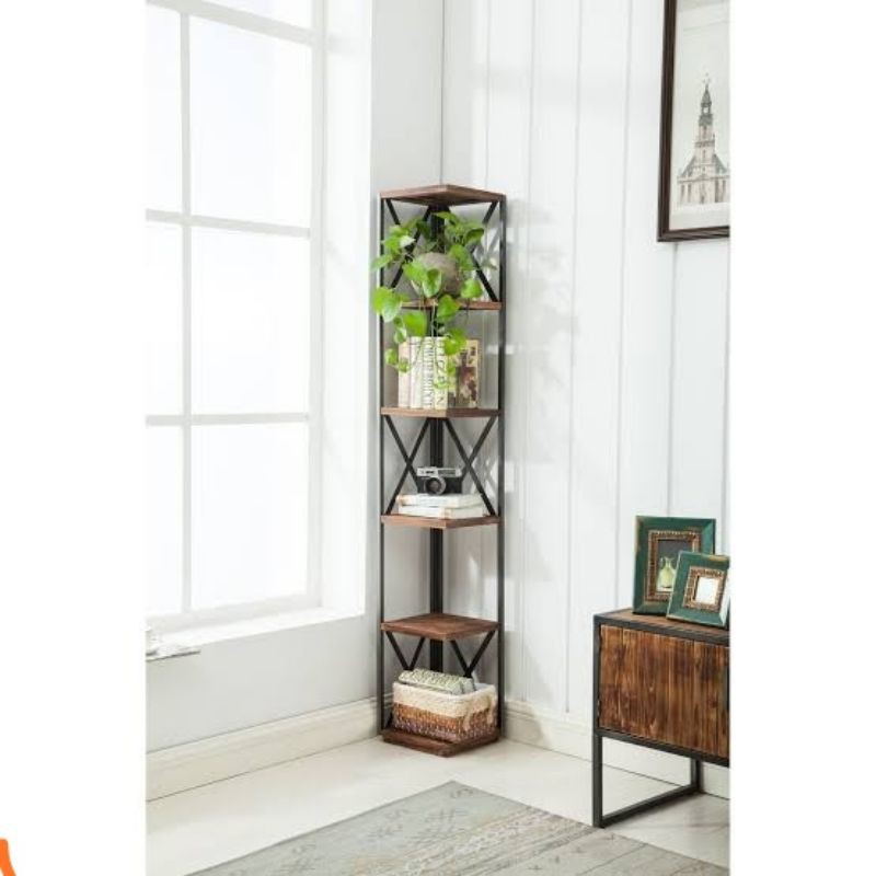 Rak standing pot bunga rak buku sudut ruangan 6 susun besi hollo alas kayu