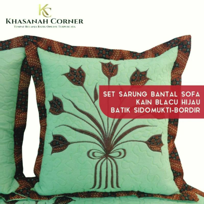Set Sarung Bantal Sofa Kursi Taplak Meja Batik Katun Warna Hijau Daun Tua Muda Kombinasi Bordir Polo