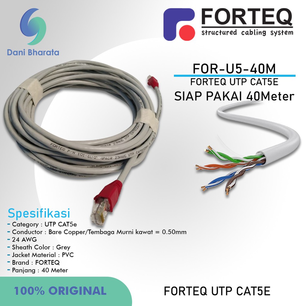 Kabel Lan Cat5e UTP Copper Indoor Merk FORTEQ Kabel Lan Siap Pakai 40m HIGH QUALITY