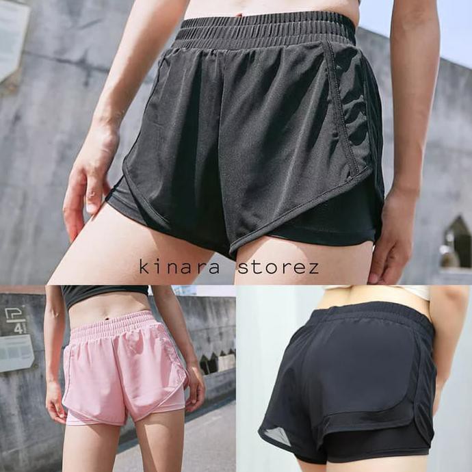 hotpant dua lapis celana pendek olahraga senam gym fitness wanita 141 - Merah Muda, L BBZ115