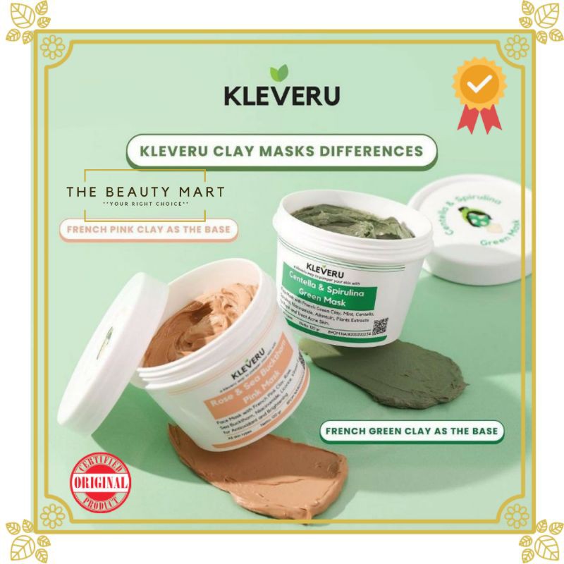 Kleveru Centella Spirulina Green Mask &amp; Rose Sea Buckthorn Pink Mask 120gr | 50g / Masker