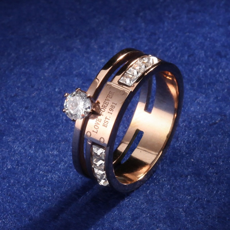 Cincin Wanita Bahan Titanium Steel 14K Rose Gold Hias Cubic Zirconia Untuk Pernikahan