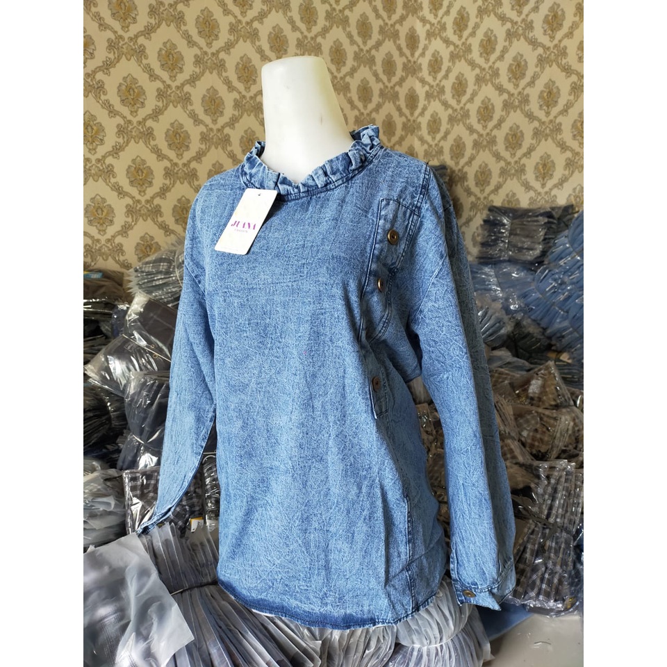 baju wanita serut ABG pinkan blouse indiesn jeans wash premium murah