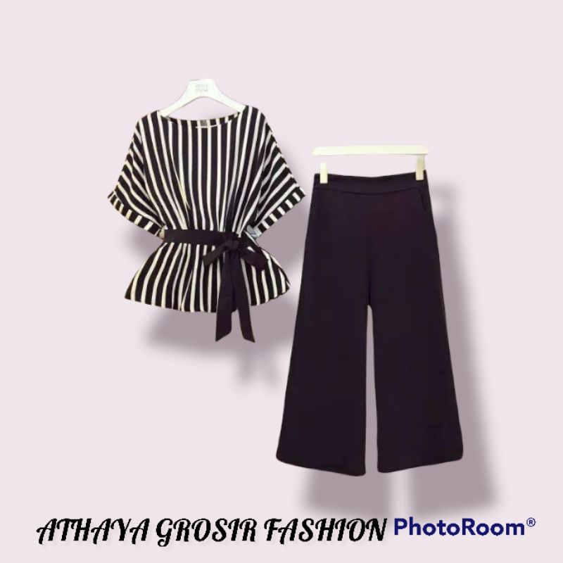 Set 2in1 arsy stripe - setelan import gaya korea model blouse salur - baju wanita kerja kantor murah