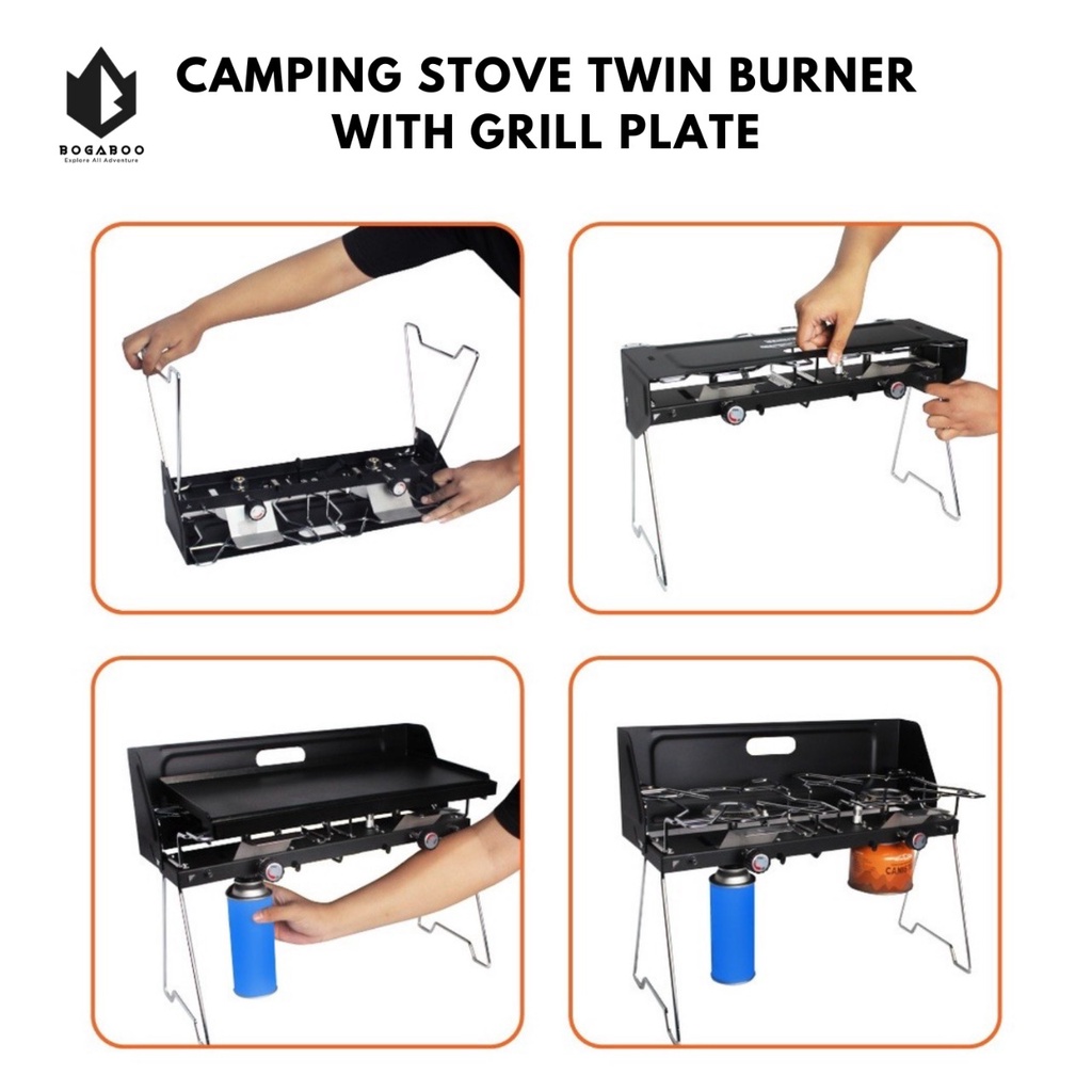 Kompor Camping Dhaulagiri Twin Burner With Grill Plate - Kompor Lipat Camping 2 Tungku / Double Burner - Windproof Gril And Pan