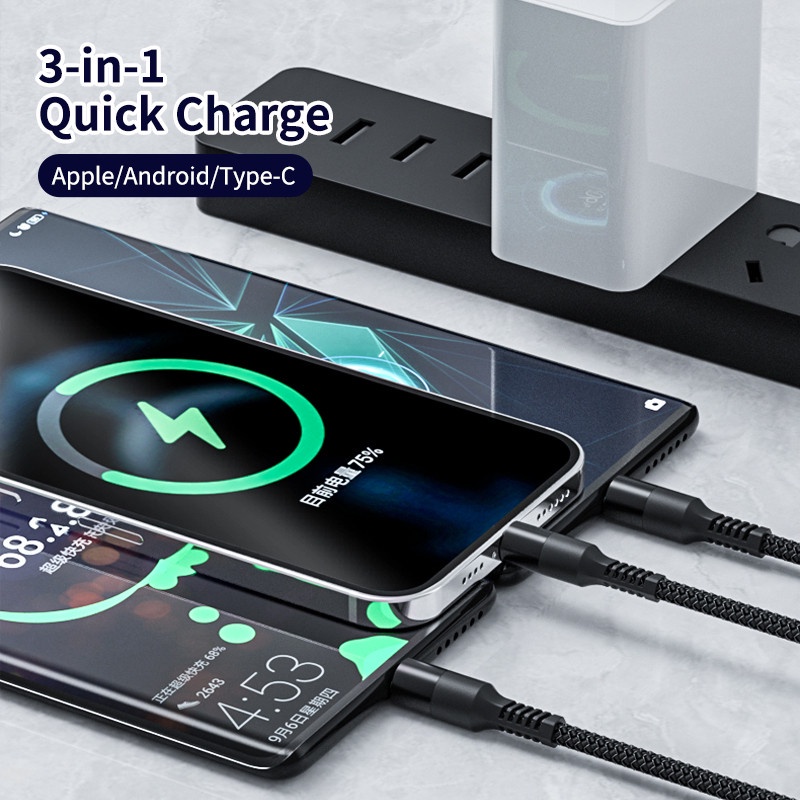 Kabel Charger 3 in 1 6A Fast Charging Dengan Port Micro Usb / Type C