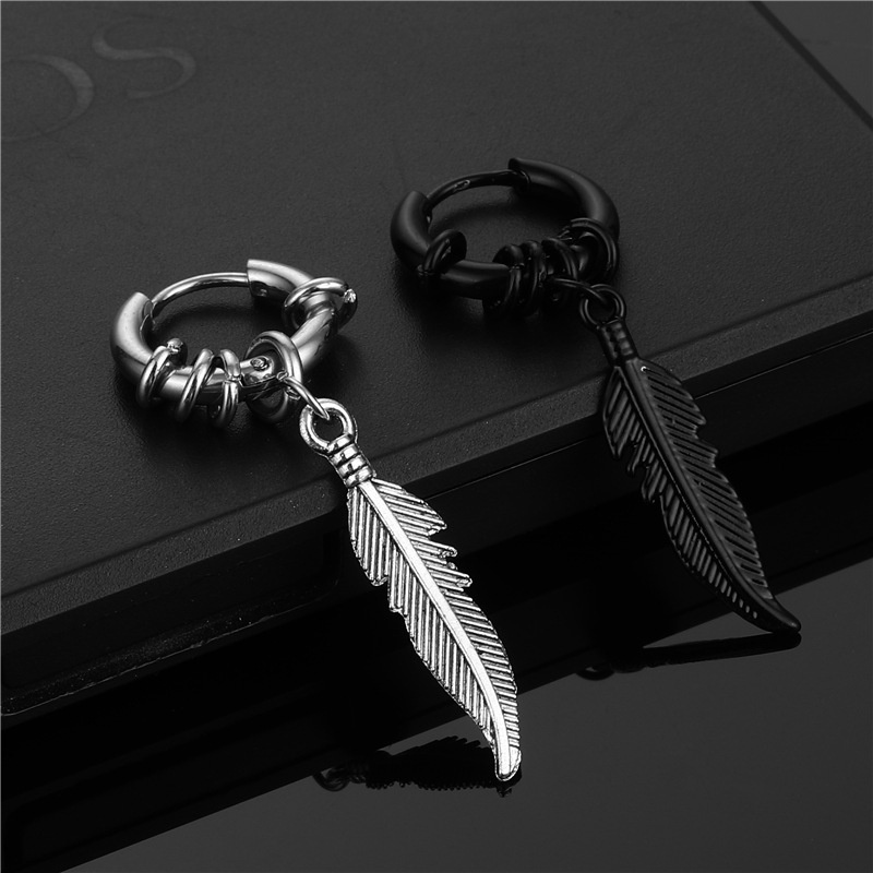 Stainless Feather Earrings Trendy Street Hip Hop Fashion Korean Version