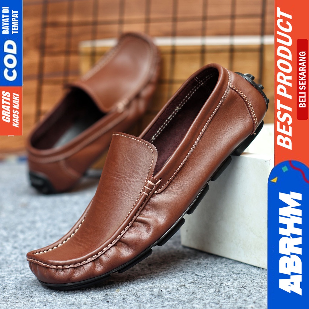 Sepatu Casual Pria Slip On Slop Selop Pansus Santai Kulit Asli Kerja Kantor Kulit Kondangan Hitam Polos Fashion shoes Terbaru Original Murah Kekinian Cowok GENIO ABRHM