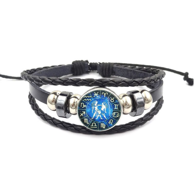 Gelang Kulit Kepang Dengan Kancing Desain 12 Zodiak Kanker Sagittarius Aquarius Libra Scorpio Gemini Gaya Punk Untuk Hadiah