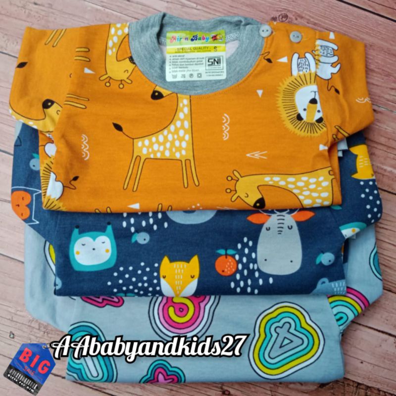 AIRIN BABY 3PC Kaos Oblong Bayi Kancing Pundak Full Print Warna Lembut dan SNI Ukuran M L