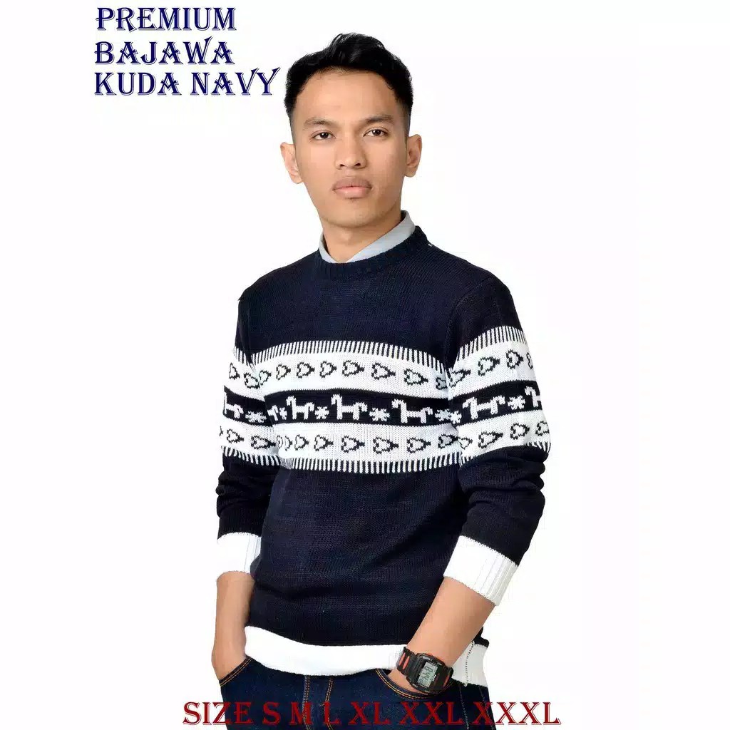 SWEATER PRIA PREMIUM BAJAWA navy rib putih grosir bandung rajutan bandung choirun_olshop