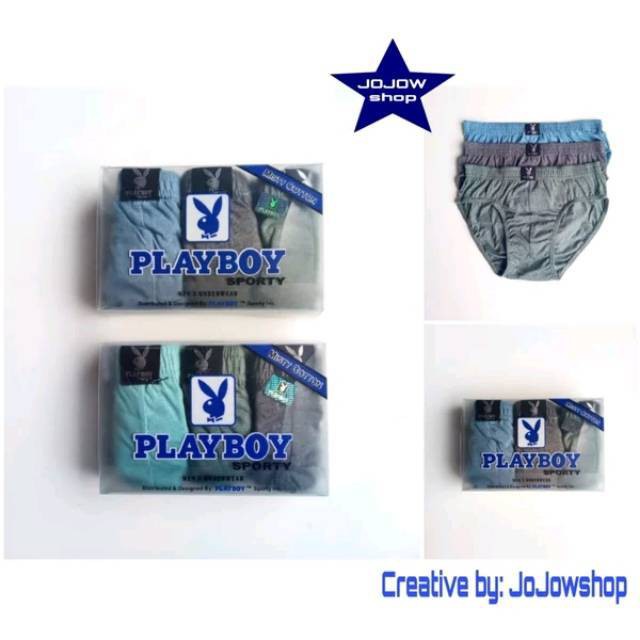 1 Box 3 Pcs Celana Dalam Playboy - Celana Dalam Pria Dewasa - Kotak Silver Biru