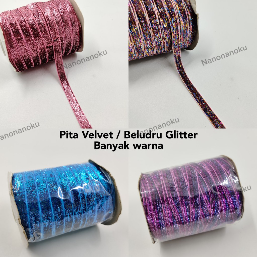 Pita Velvet/Beludru Glitter 1cm Polos dan Gradasi