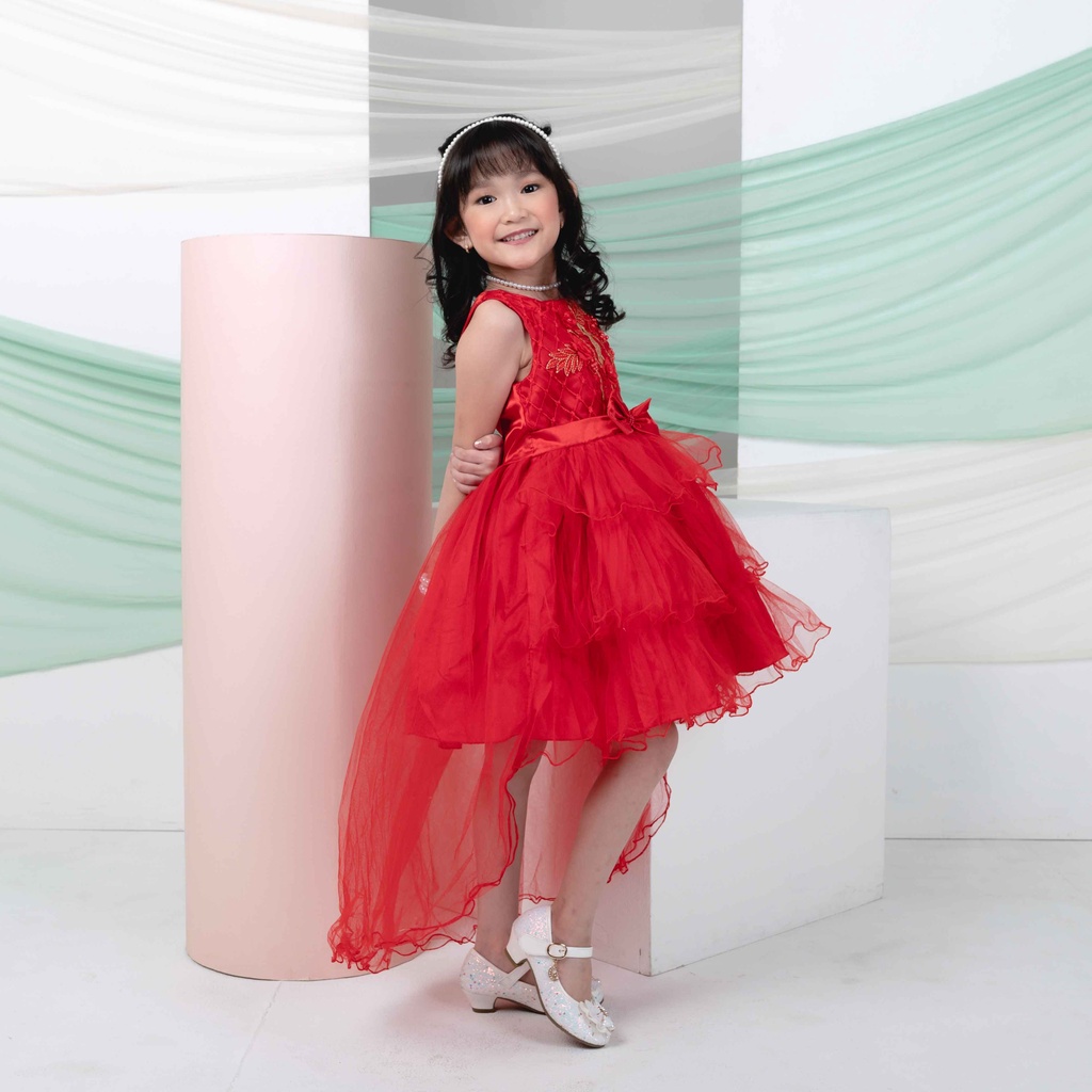 Zelda Dress Anak Perempuan Satin Tilla Ruffle Pita Elegan (1663)