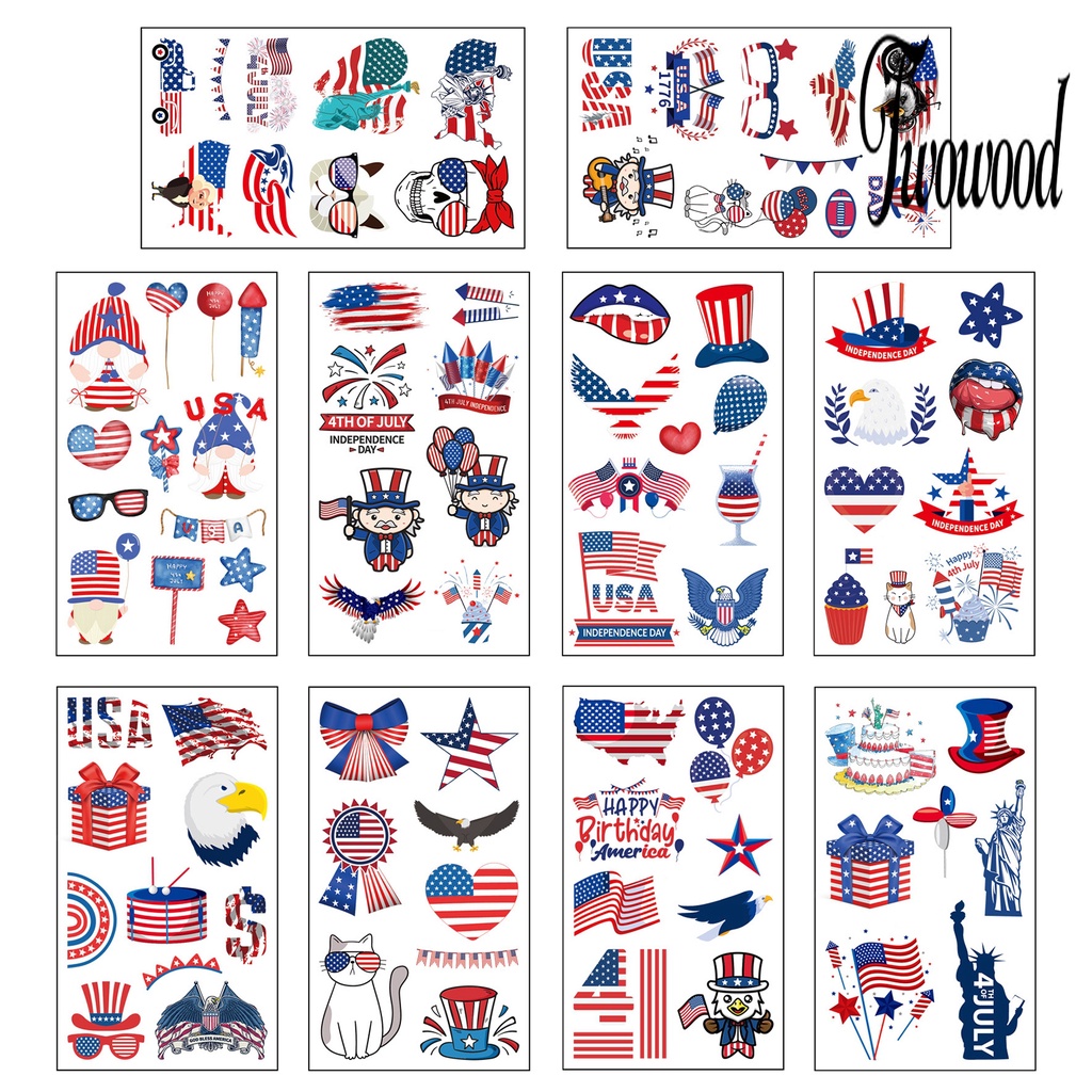 Twowood 10 Lembar Stiker Tattoo Temporer Motif Bendera Amerika Anti Air Untuk Body Art