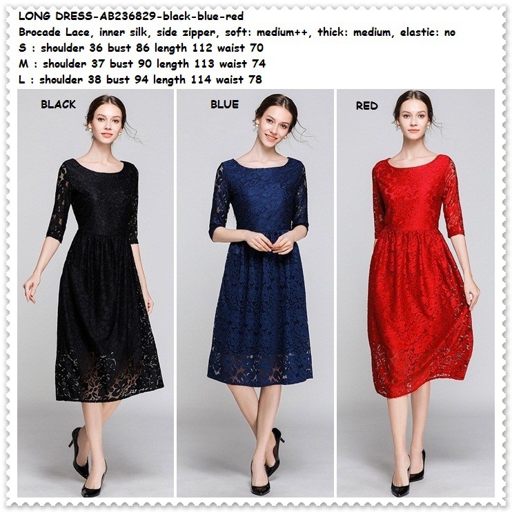 AB236829 Long Dress Midi Brukat Brokat Gaun Pesta Wanita Korea Import Merah Hitam Biru Blue Navy