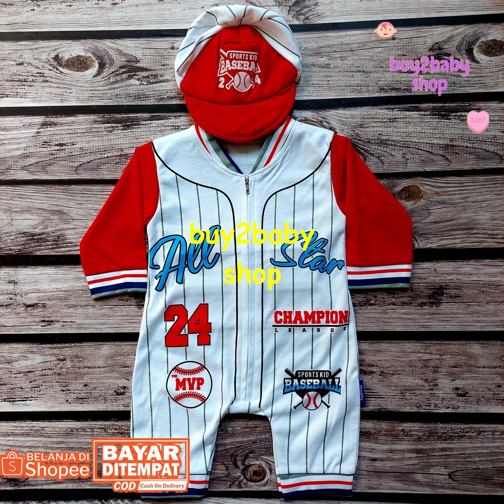 Set Jumper baju kodok bayi plus topi motif Sport Kruffy Baby usia 3-6 Bulan