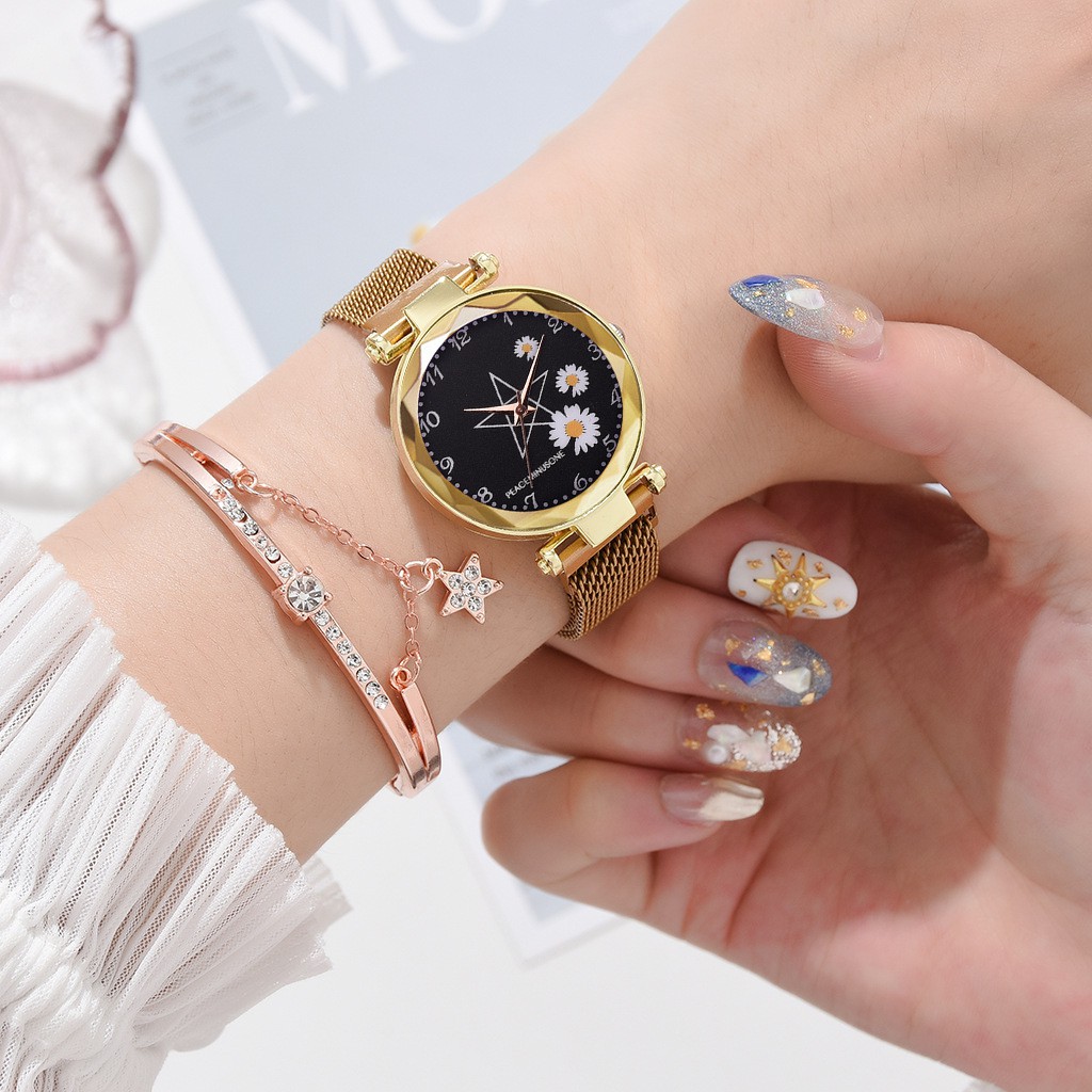 ELBER J174 Jam Tangan Rantai Wanita Jam Analog Motif Bunga Daisy-1