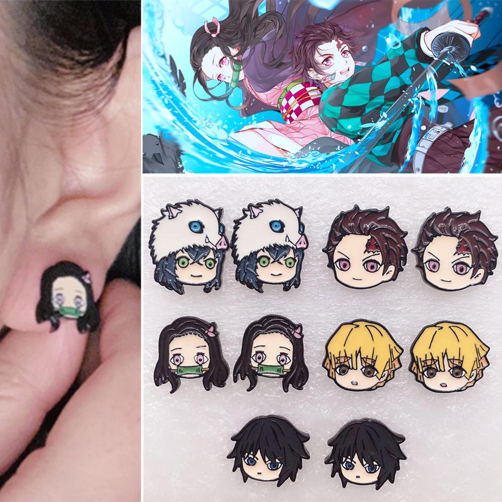 Anting Stud Desain Kartun Anime Demon Slayer Kimetsu No Yaiba Kamado Tanjirou Nezuko Bahan Akrilik Logam Gaya Jepang Untuk Cosplay