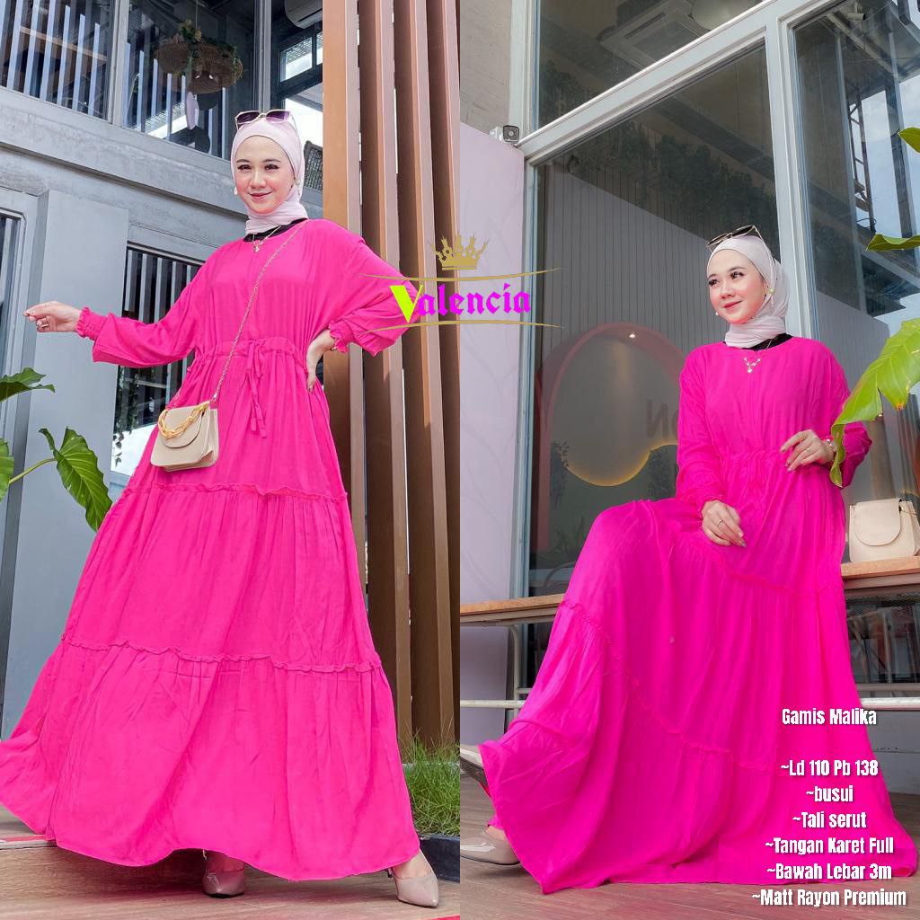 Gamis Susun Malika Polos Rayon Premium Dress Wanita Lengan Panjang Longdress Plain Bigsize LD 110 cm