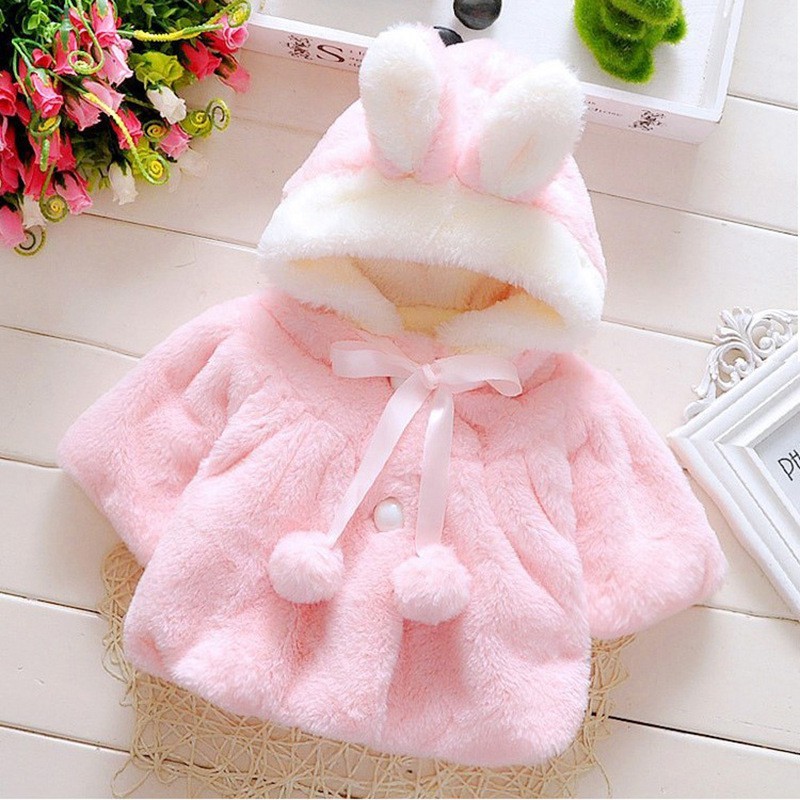 Jaket Anak Perempuan Bulu Hoodie Telinga Kelinci Lengan Pendek Aksen Pita dan Bola Import