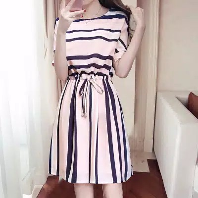 TBI Import Elegant Style Dress M-XXL Stripe Pink Baju Model Korean Style