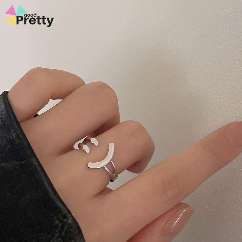 Cincin Model Terbuka Adjustable Desain Smiling Face Warna Silver Untuk Wanita - PD