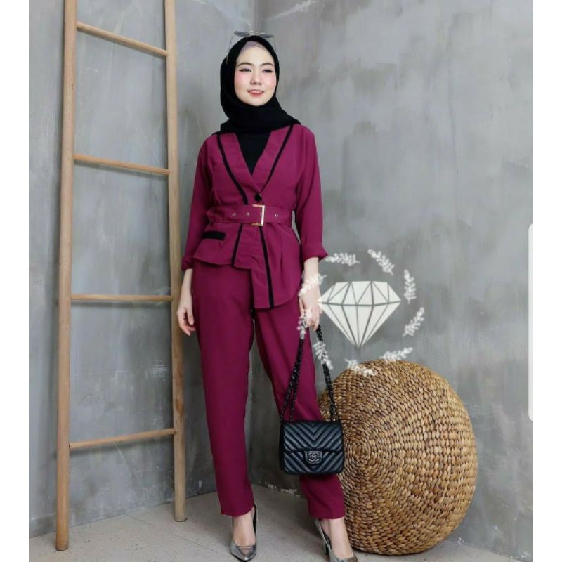 PCS SET BLAZER OLIVER BAHAN MOSCREPE SETELAN WANITA ATASAN OUTER DAN CELANA KR ADA VIDEO REVIEW PRODUK