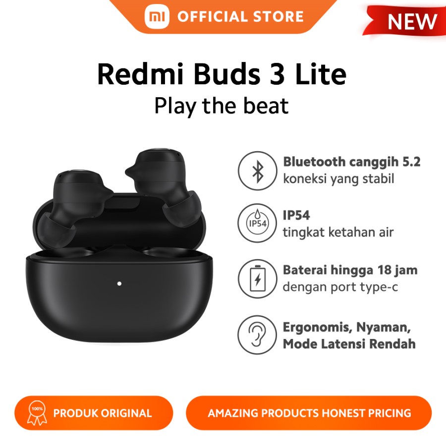 Redmi Buds 3 Lite Earphone Bluetooth IP54 tahan air - Black